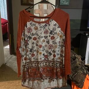 Rust and Gray Floral Women's Long Sleeve Top